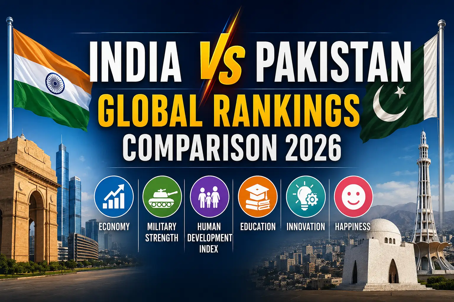 India vs Pakistan Global Rankings Comparison 2026: Economy, Military, Happiness, HDI, Education & Innovation
